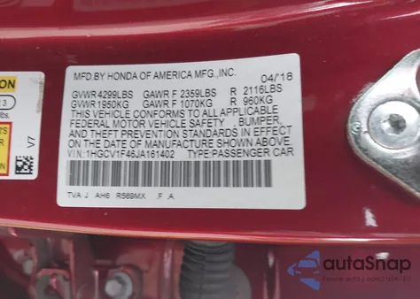 2018 Honda Accord Ex from USA, damaged, VIN 1HGCV1F46JA161402